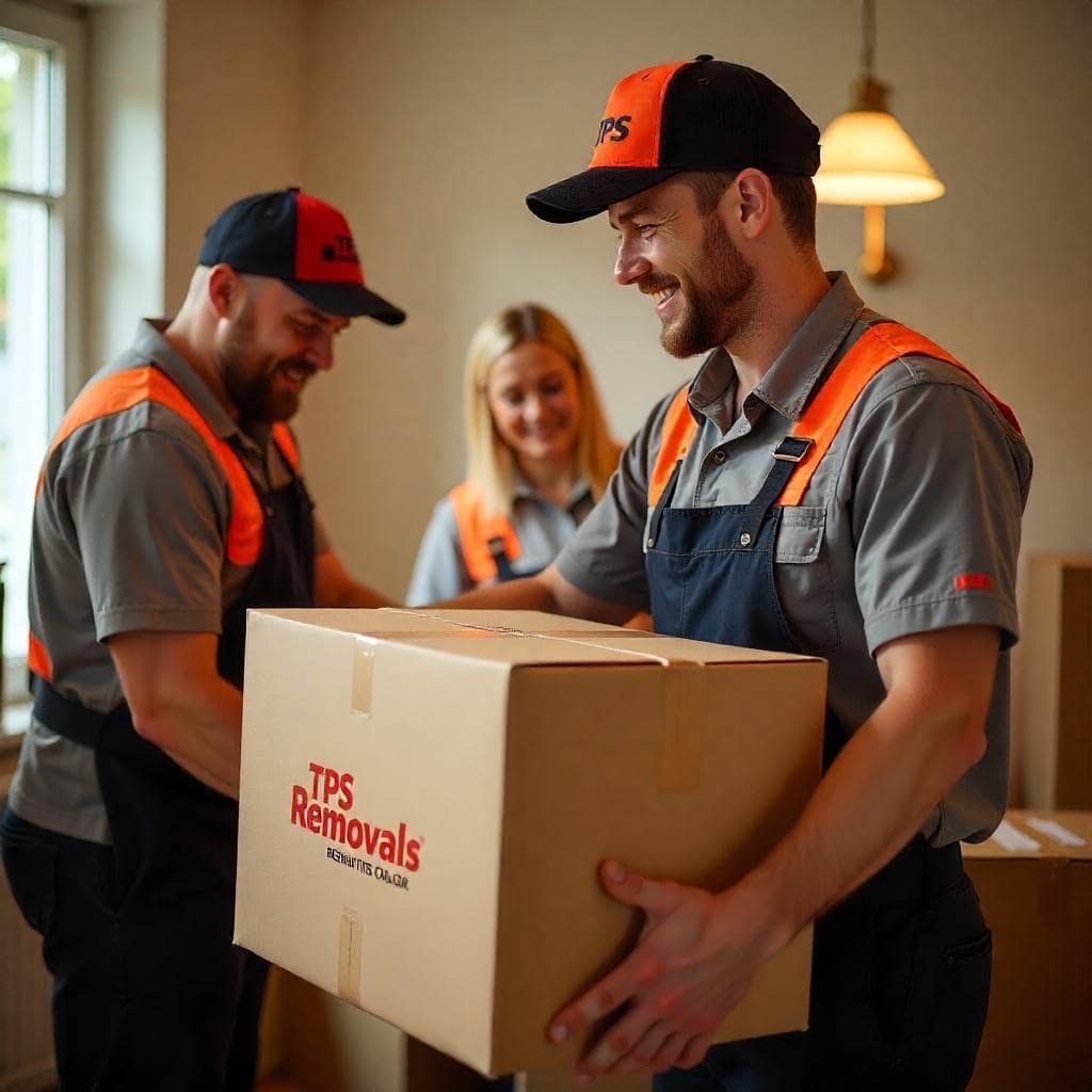 Three movers in uniforms carrying a cardboard box