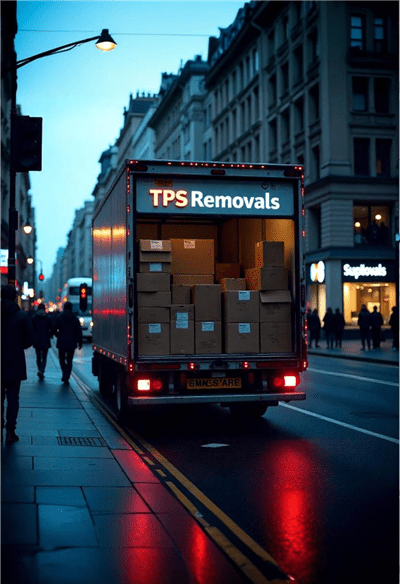 A removal truck with open back full of boxes