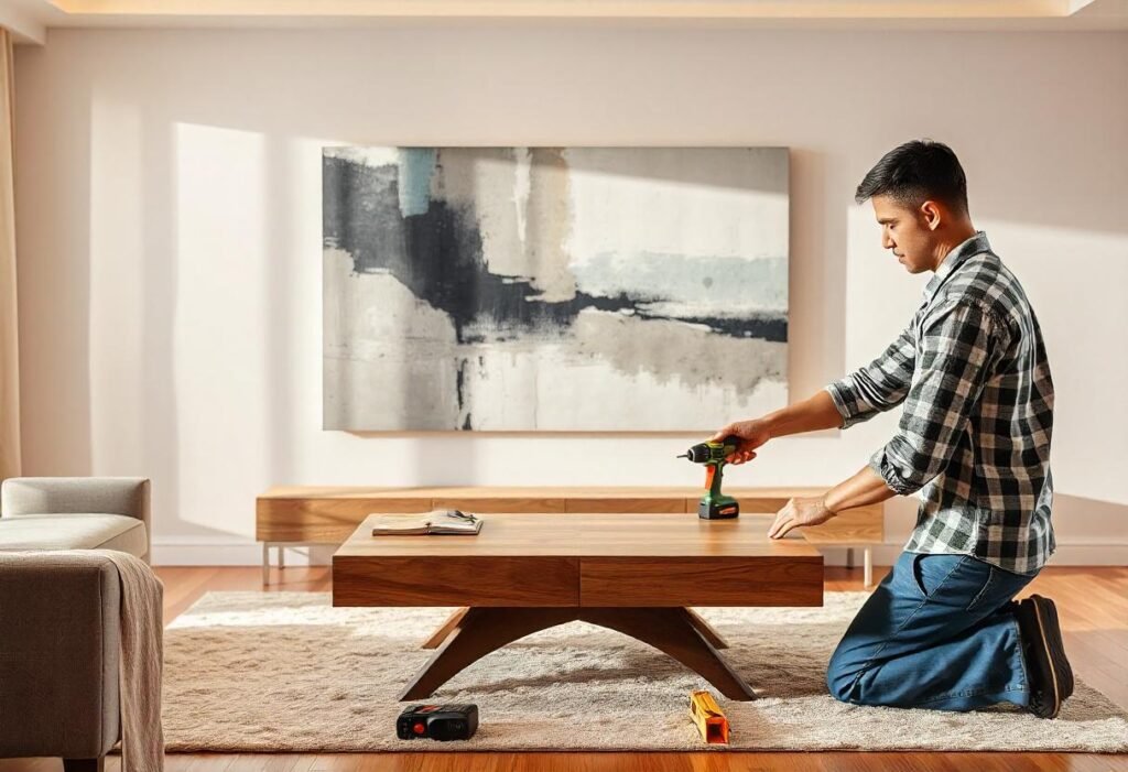 Person kneeling and assembling a wooden table