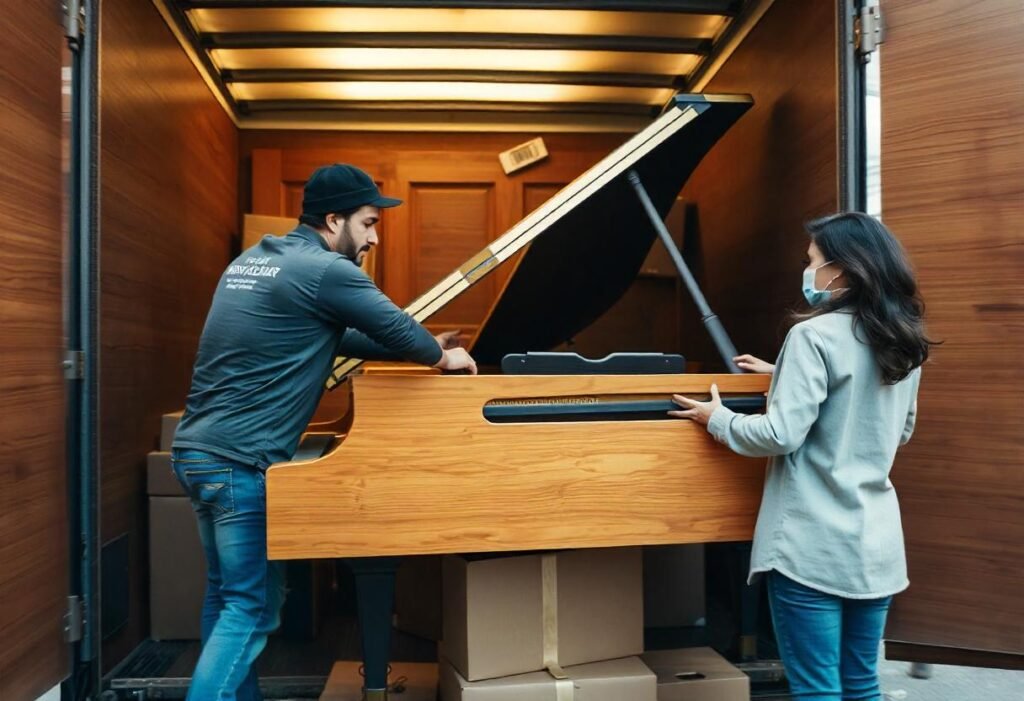 Two people loading a piano into a moving truck